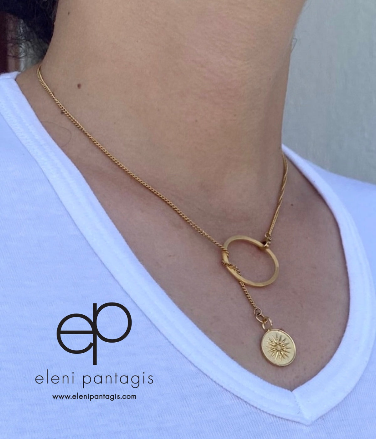 Lariat necklace circle with Macedonian star, Greek necklace
