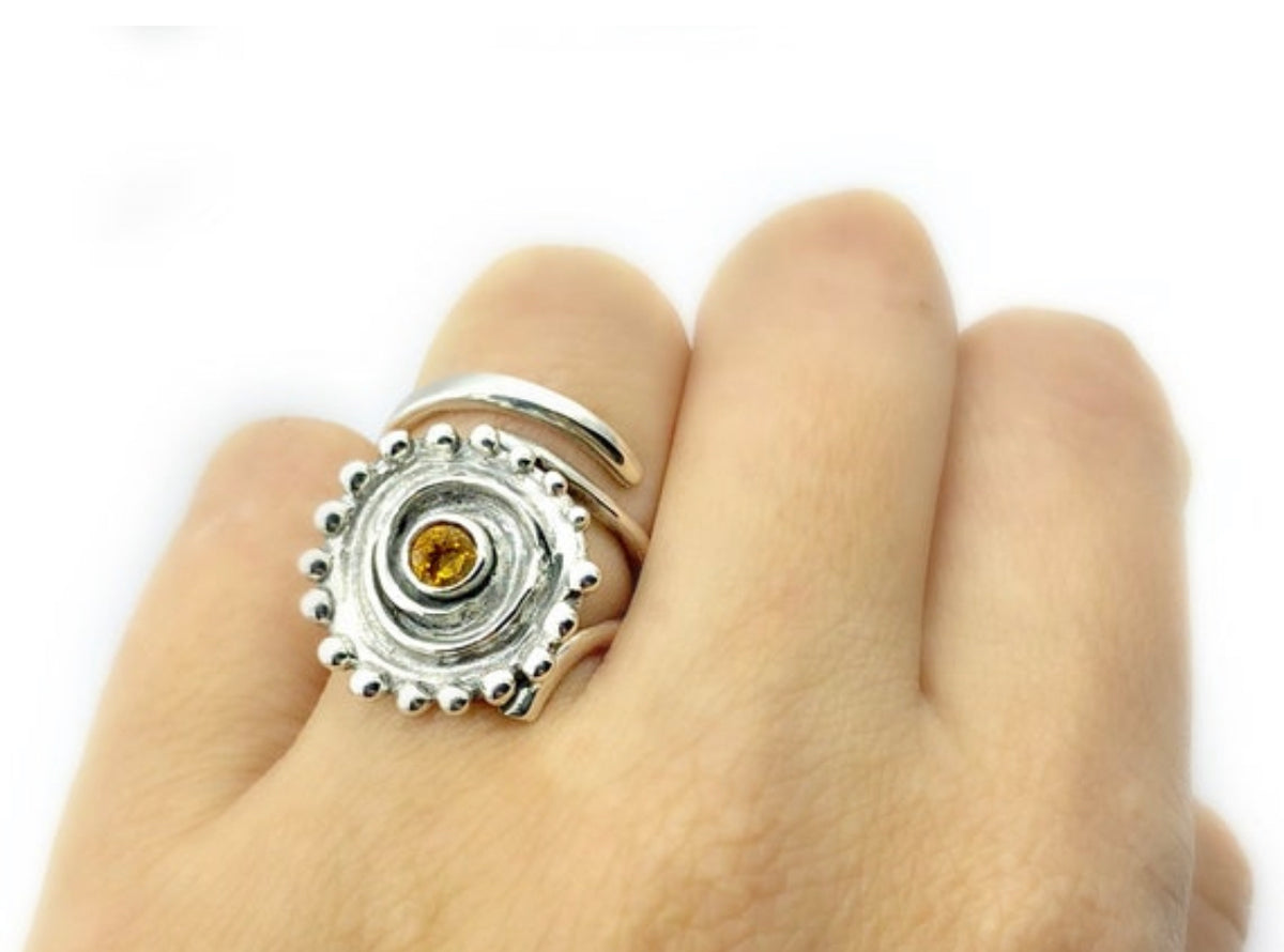 citrine silver statement ring, silver swirl ring
