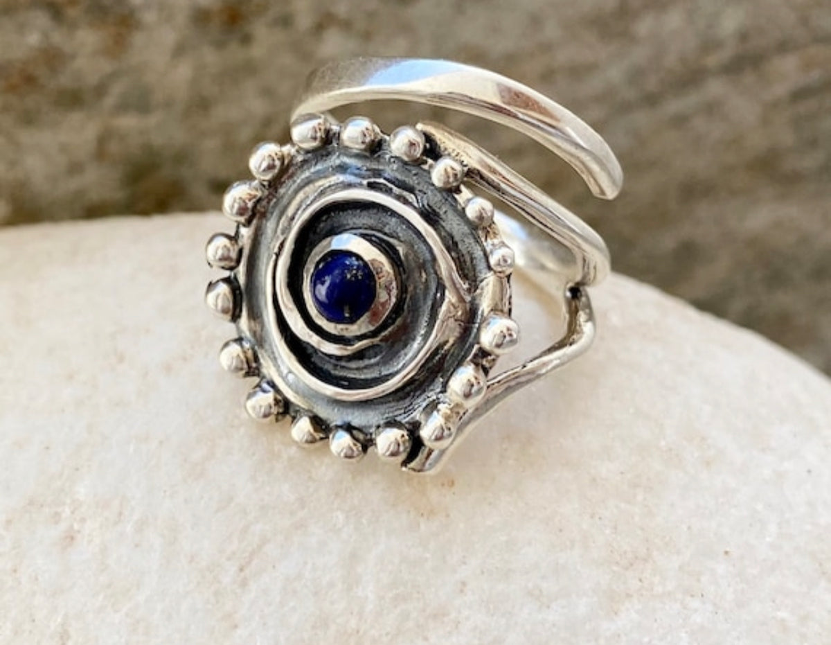 handmade silver ring swirl ring with blue lapis lazuli
