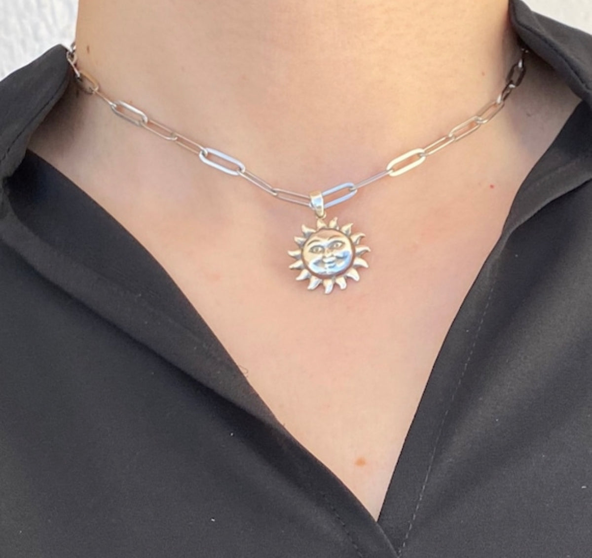 sun necklace silver with paperclip chain
