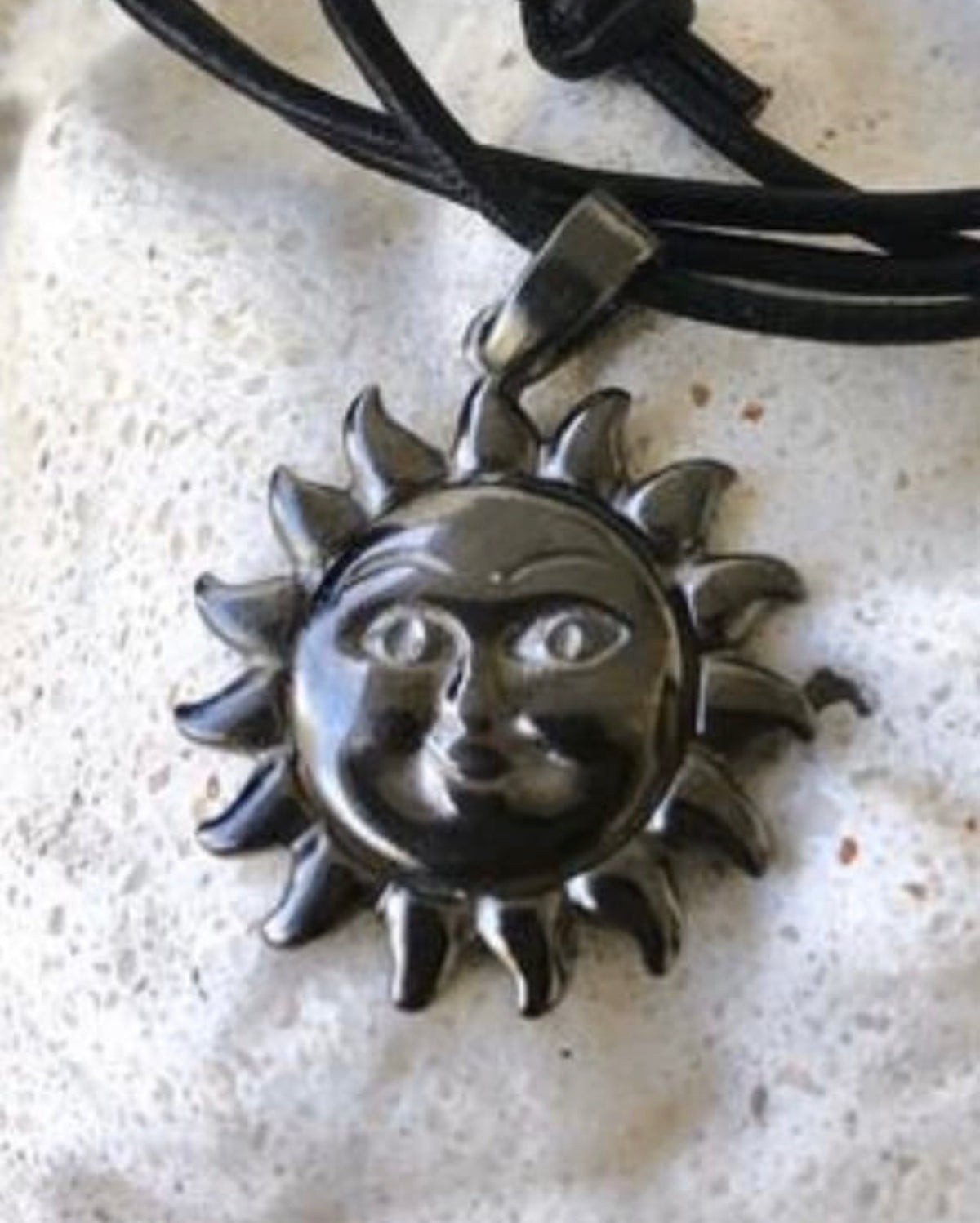 black sun necklace silver smiling sun with paperclip chain