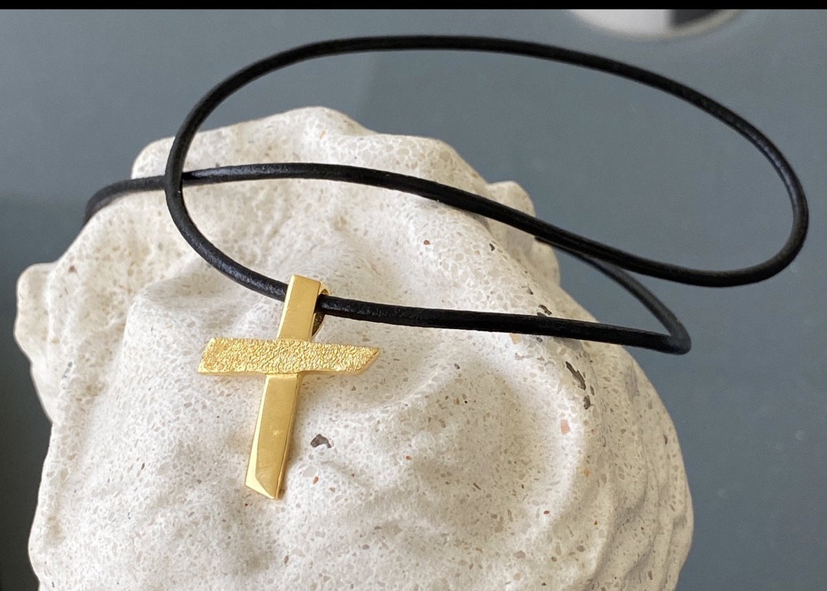 Gold plated Silver cross necklace with leather rope, textured silver cross, silver cross pendant