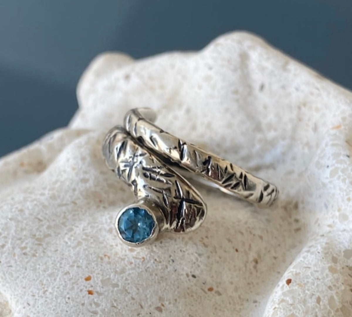 silver spiral ring, blue topaz ring