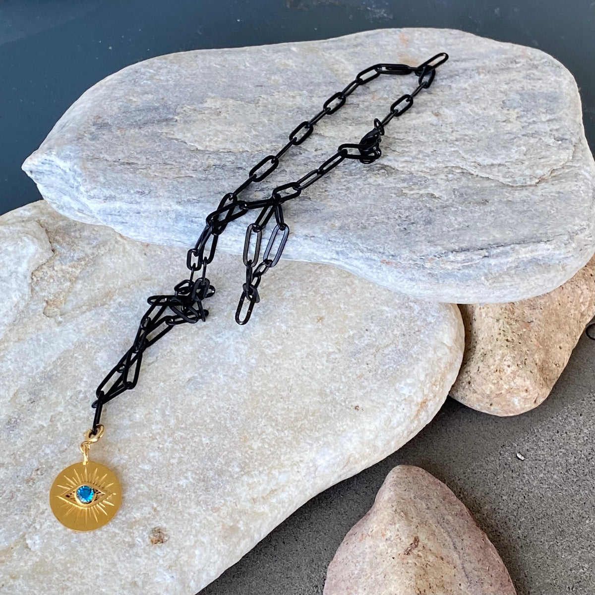Evil eye necklace gold with black stainless steel paperclip chain