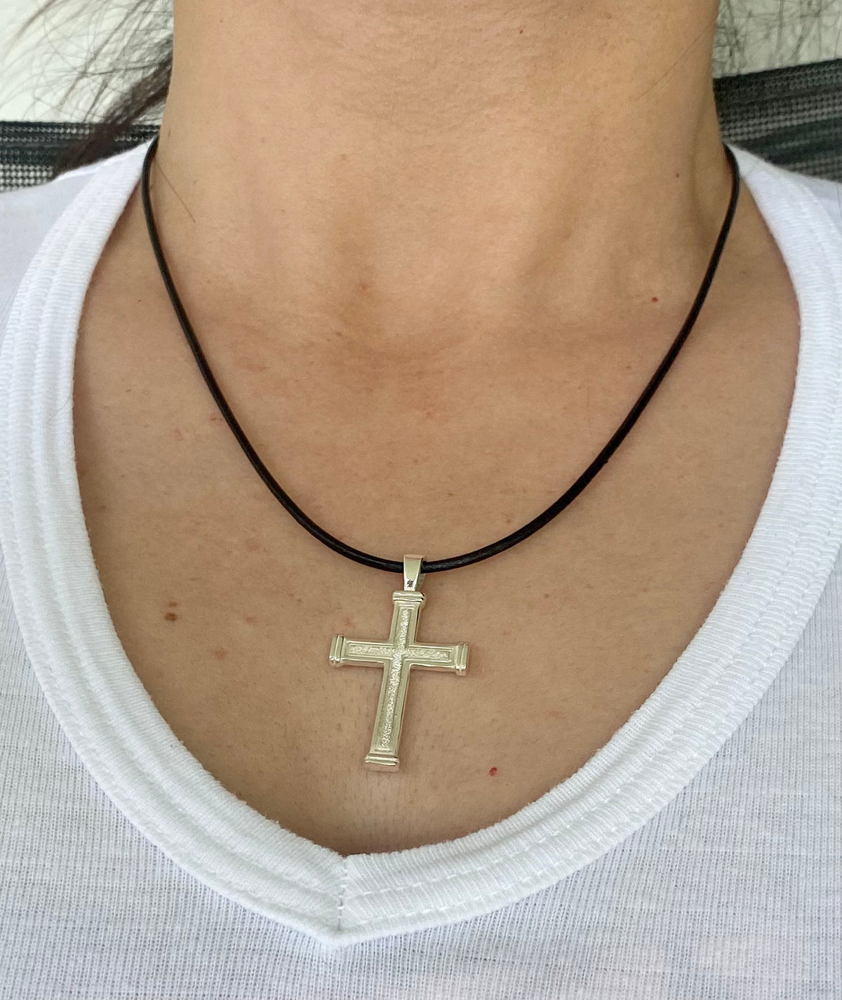 Men&#39;s cross necklace with leather cord, sterling silver cross