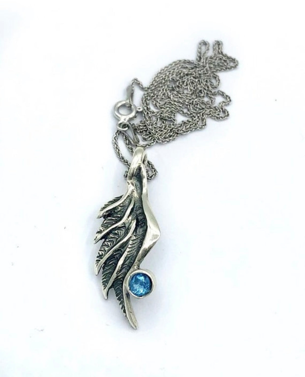 angel wing necklace with blue topaz