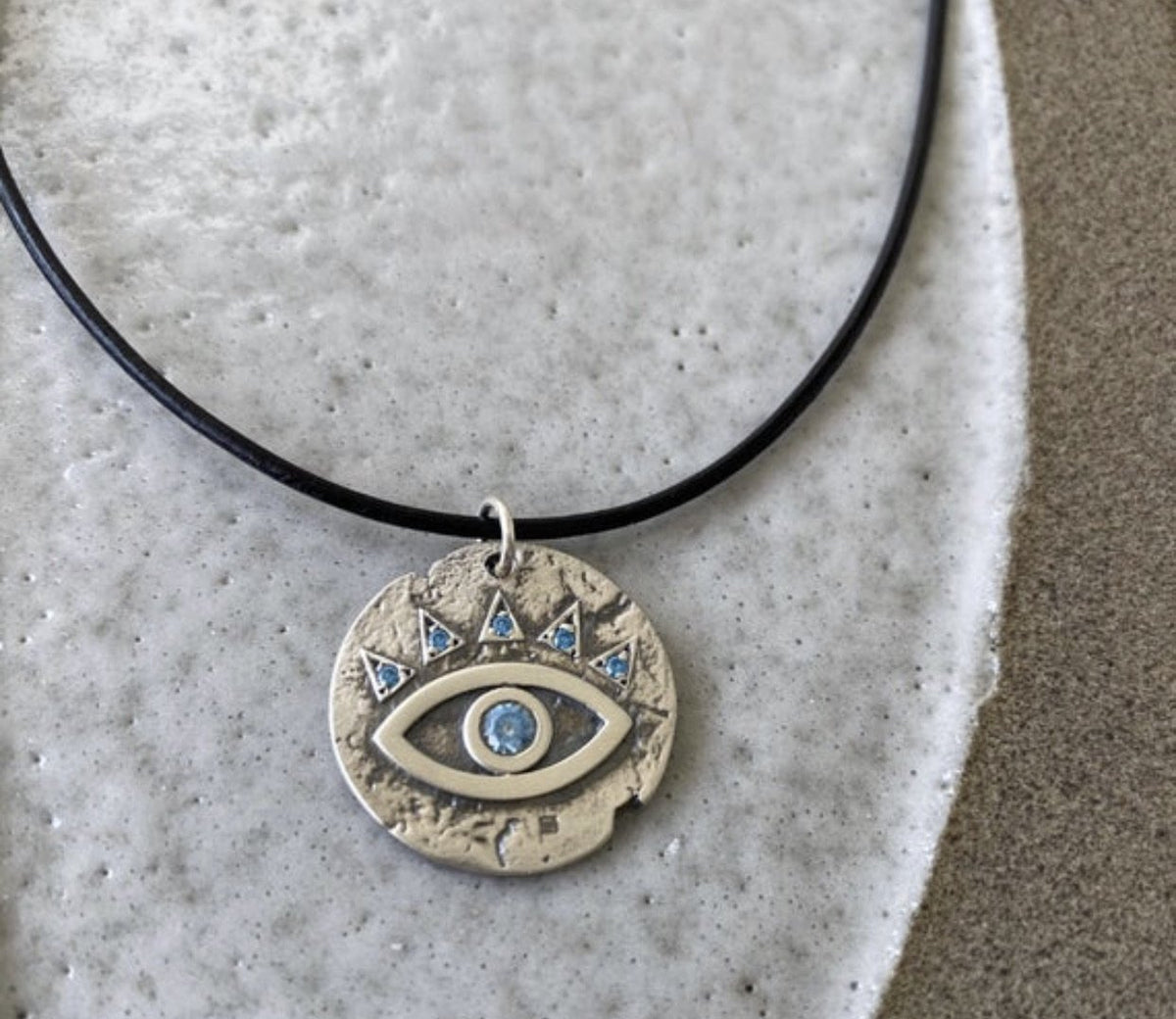 Evil eye necklace coin, evil eye with blue gemstones