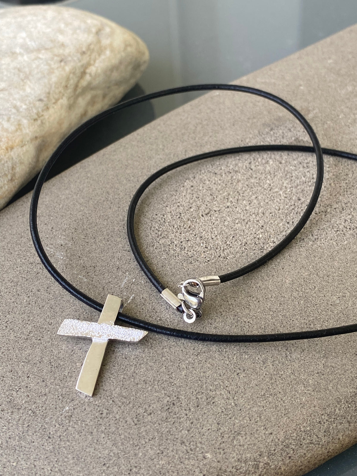 Silver cross necklace with leather rope, textured silver cross, silver cross pendant