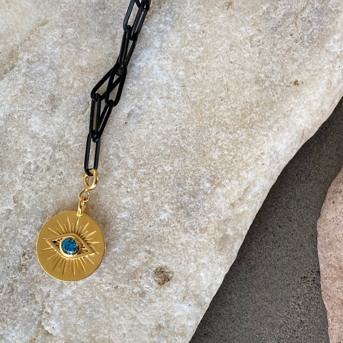 Evil eye necklace gold with black stainless steel paperclip chain