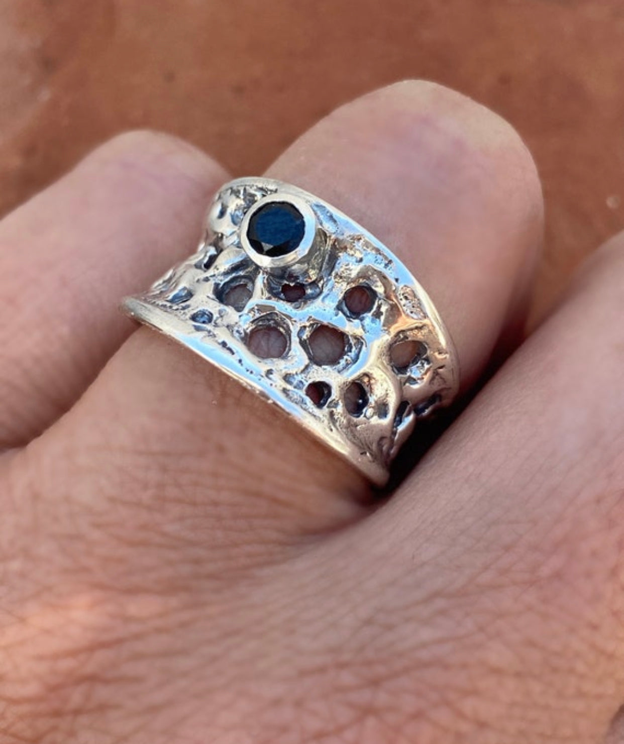 silver with black gemstone, handmade silver ring