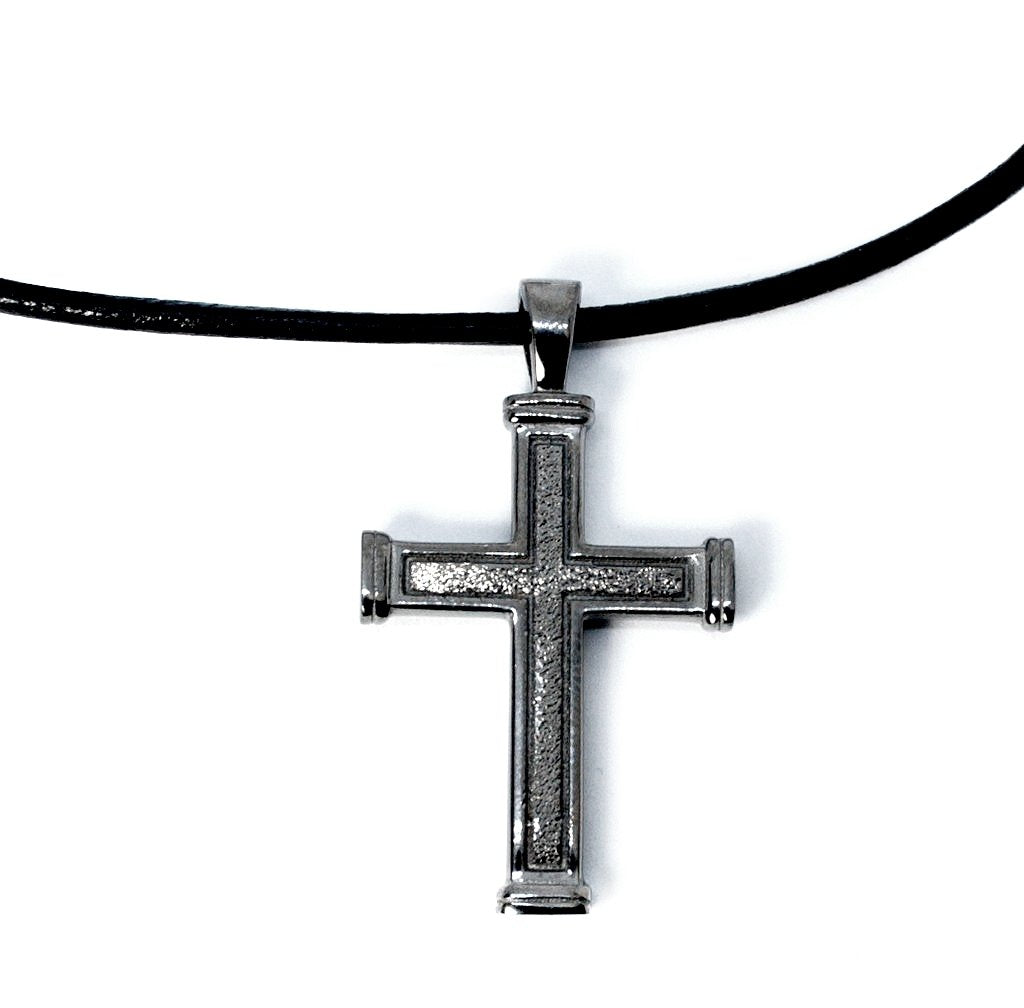 Men's Cross Necklace with Leather Rope, Black Silver Cross Pendant