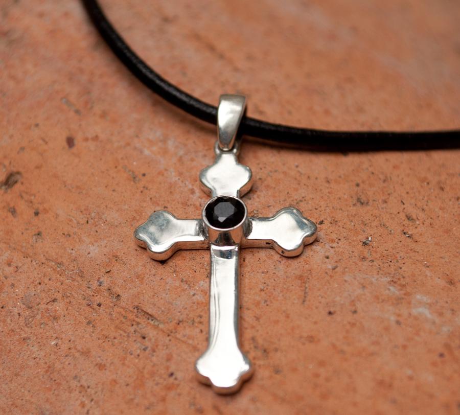 byzantine cross, silver cross necklace with black gemstone 