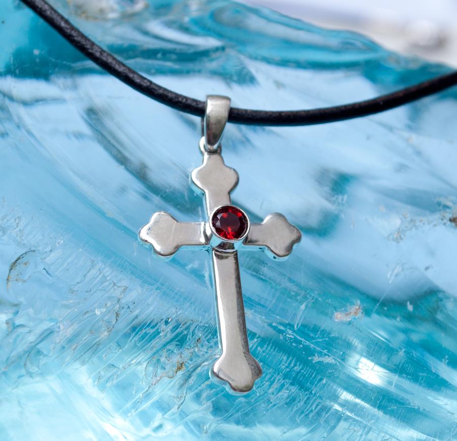 Byzantine silver cross with red gemstone, silver cross with garnet