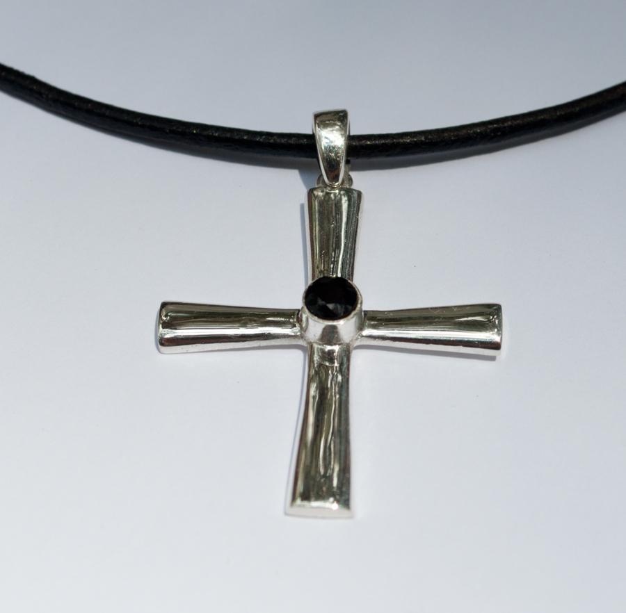 Silver cross pendant black spinel, silver cross, Byzantine silver cross 