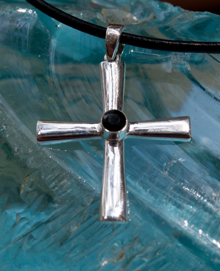 Silver cross pendant black spinel, silver cross, Byzantine silver cross 