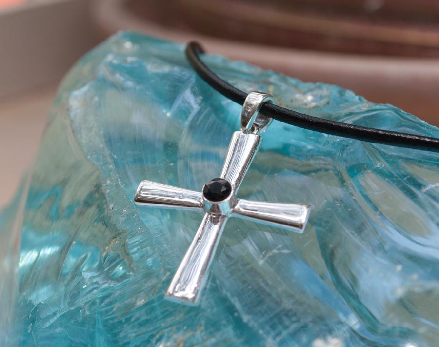 Silver cross pendant black spinel, silver cross, Byzantine silver cross 