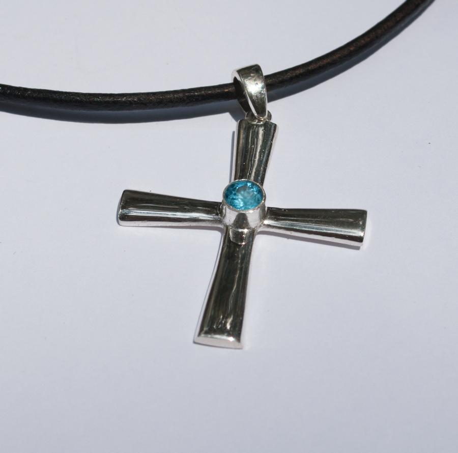 Byzantine silver cross necklace with blue gemstone 