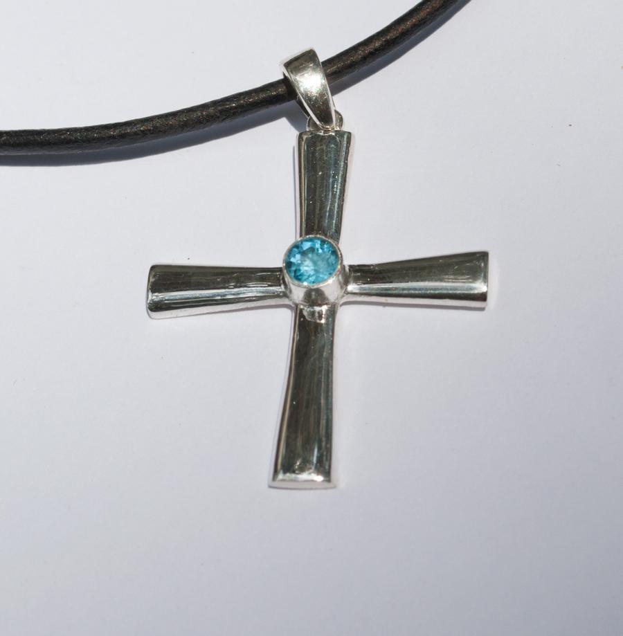 Byzantine silver cross necklace with blue gemstone 