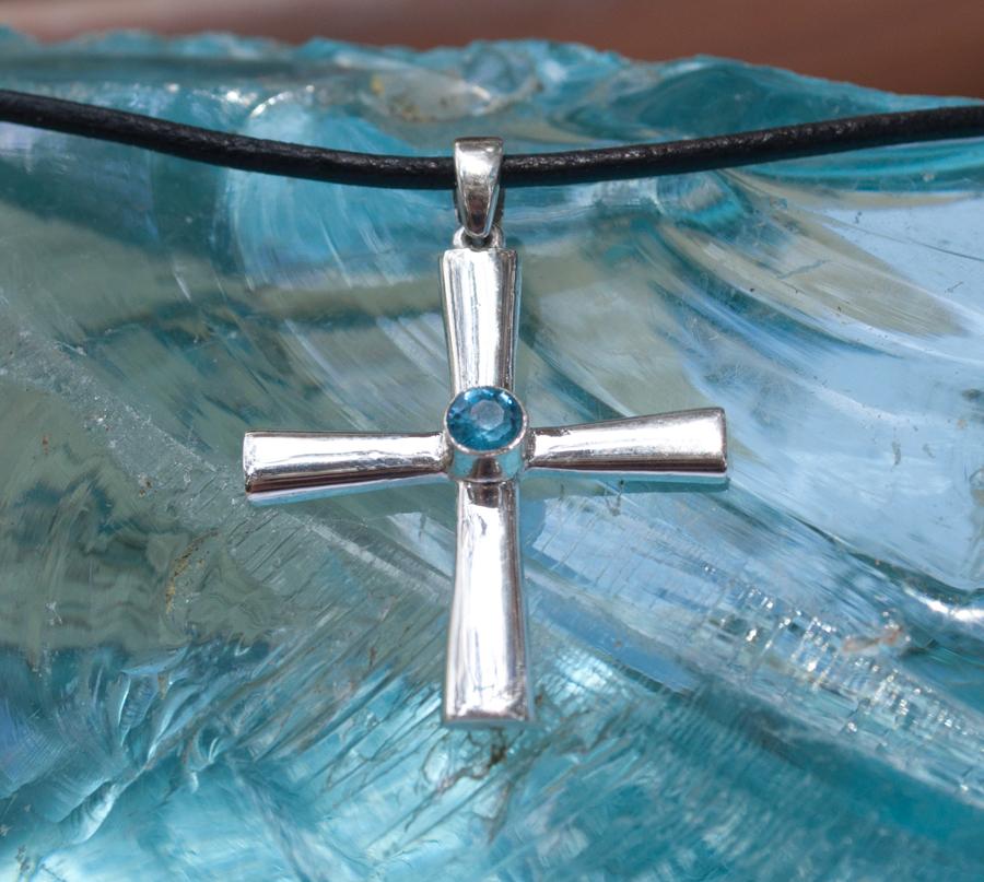 Byzantine silver cross necklace with blue gemstone 