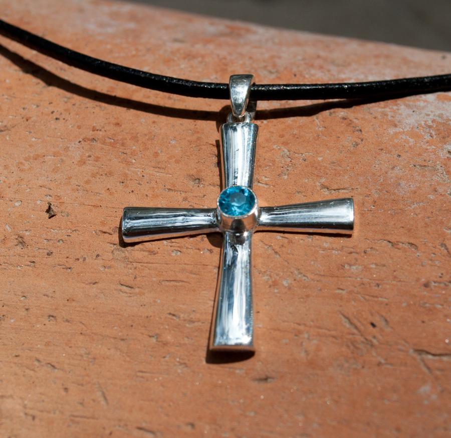 Byzantine silver cross necklace with blue gemstone 