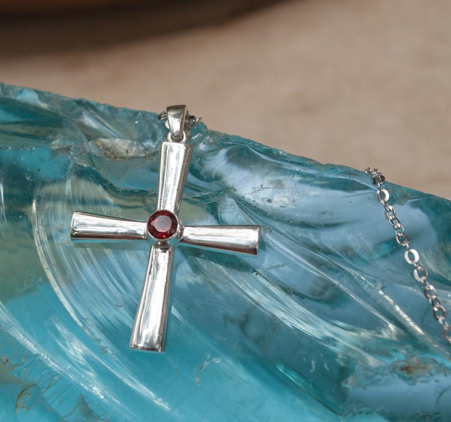 byzantine silver cross necklace with red gemstone 