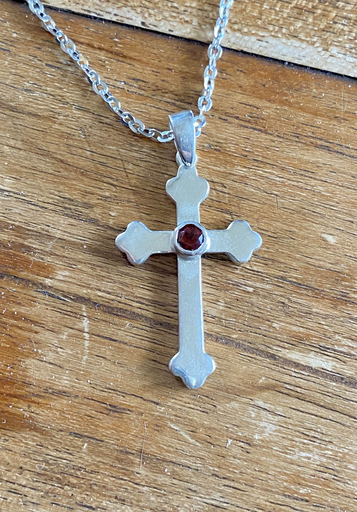 Silver cross with a red stone, silver cross, Byzantine silver cross 