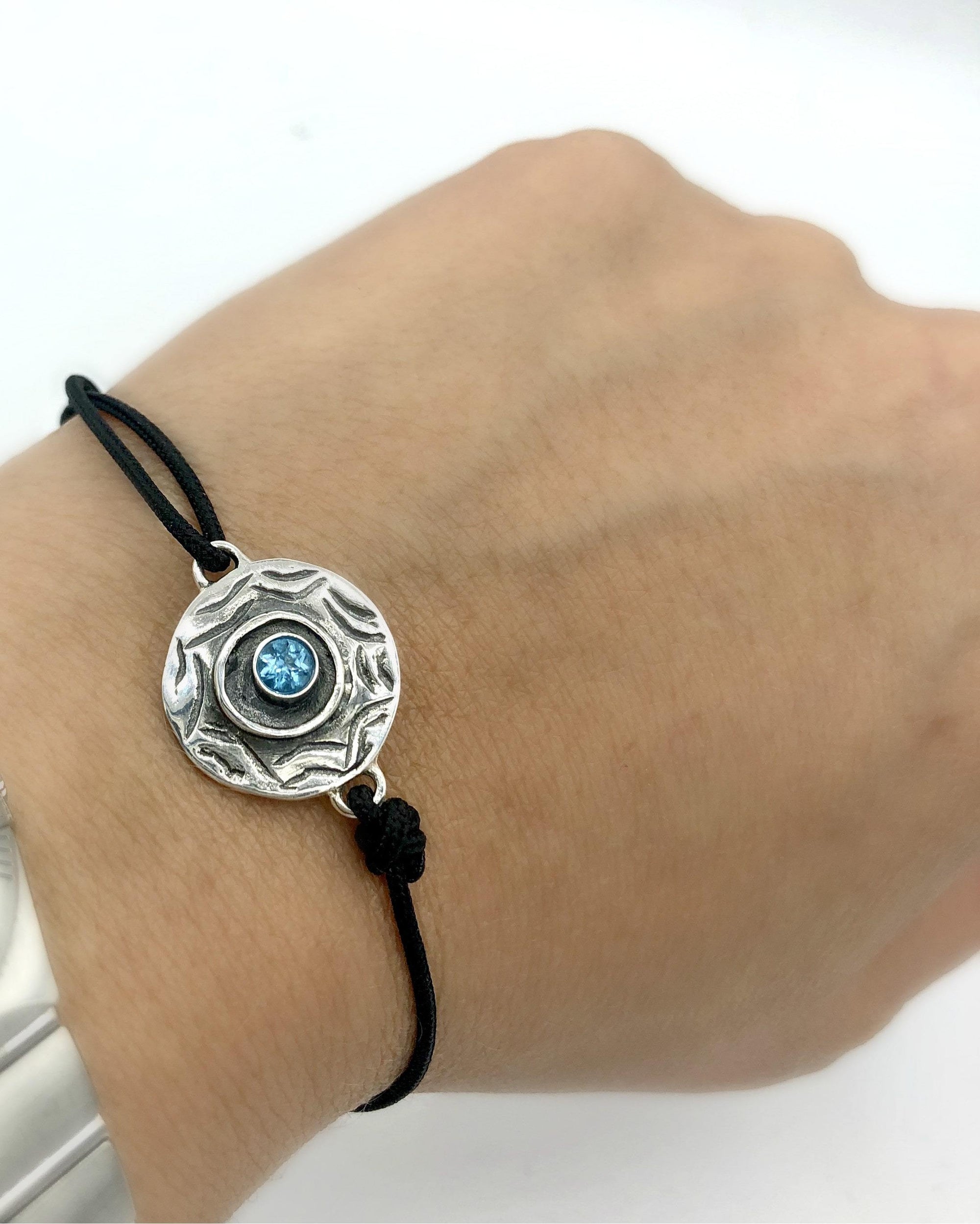 Evil eye bracelet, blue topaz stone, evil eye circle bracelet 