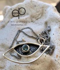 eye pendant, blue topaz pendant, silver eye pendant silver chain 