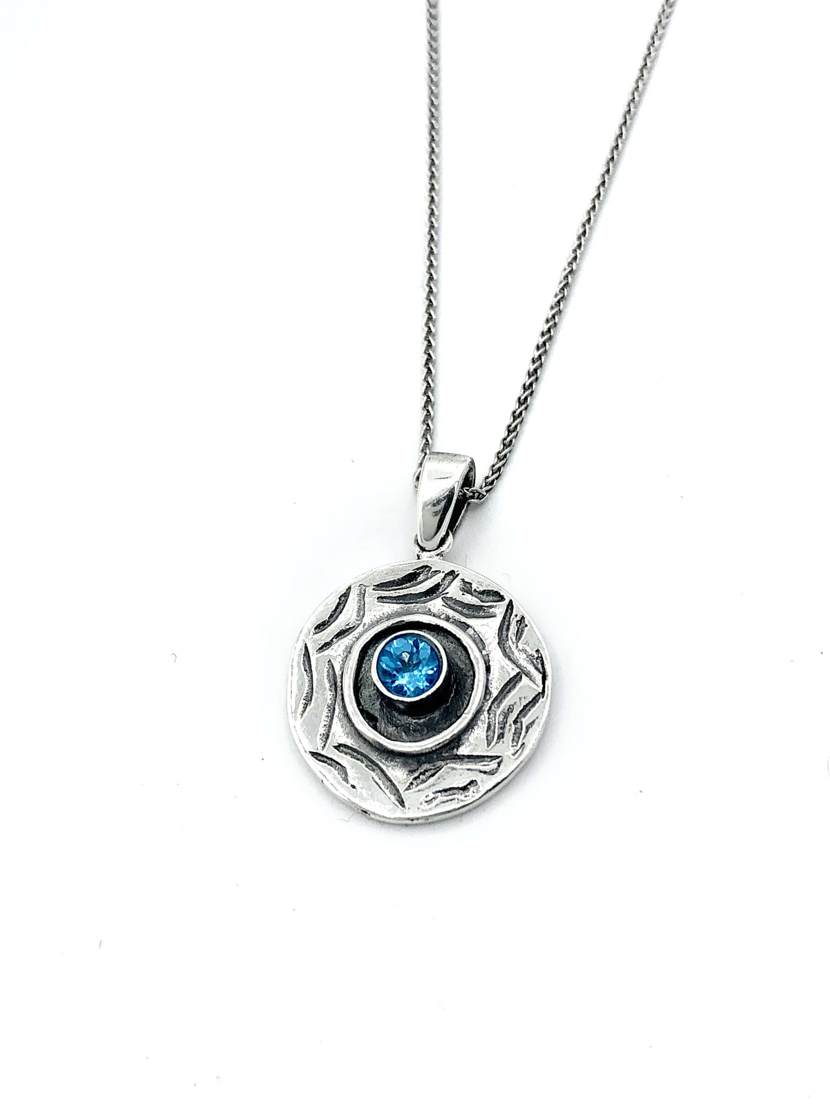 Evil eye pendant, blue topaz stone, evil eye circle pendant silver chain 