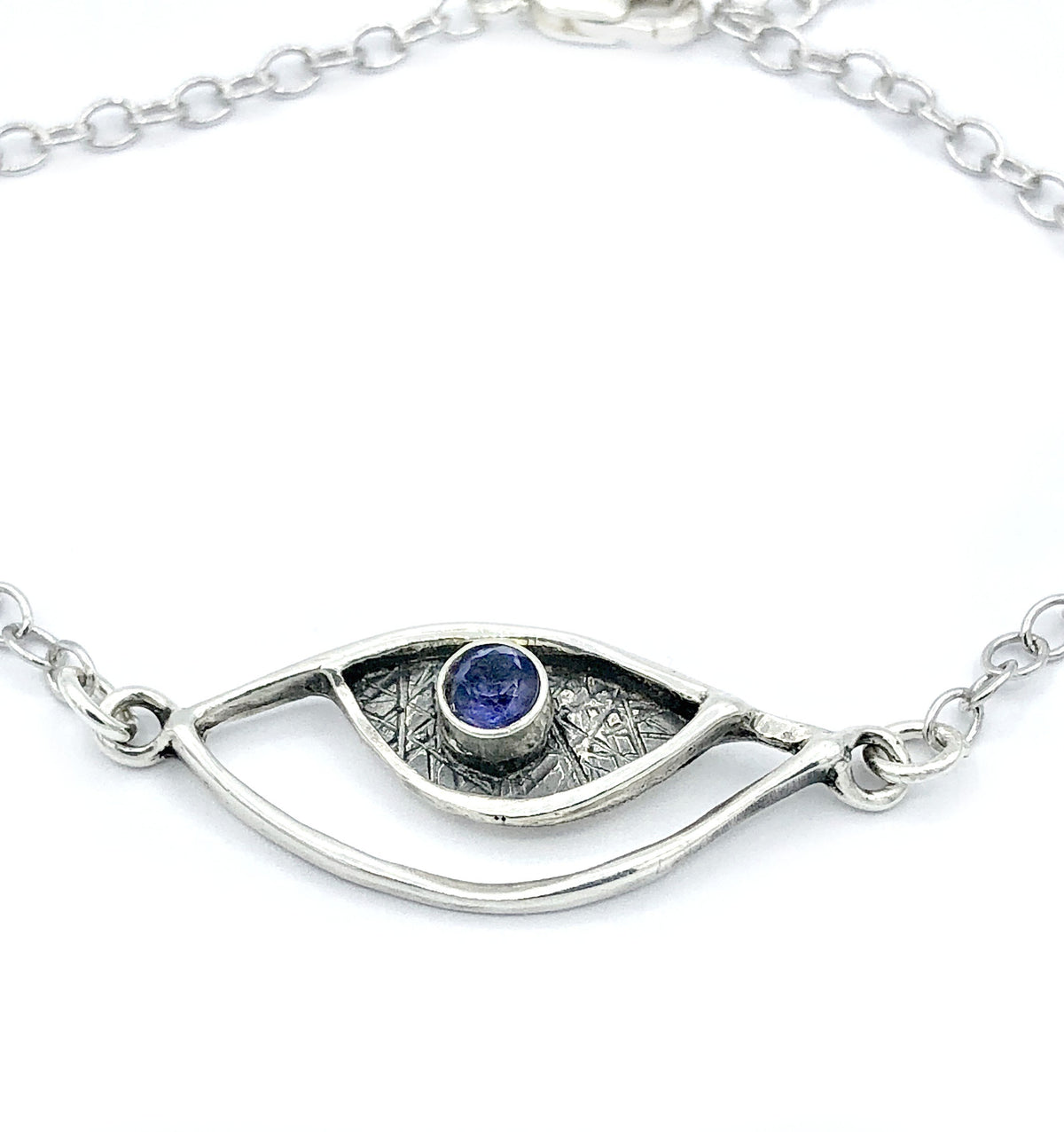 eye bracelet, silver eye bracelet with blue iolite stone, evil eye bracelet 