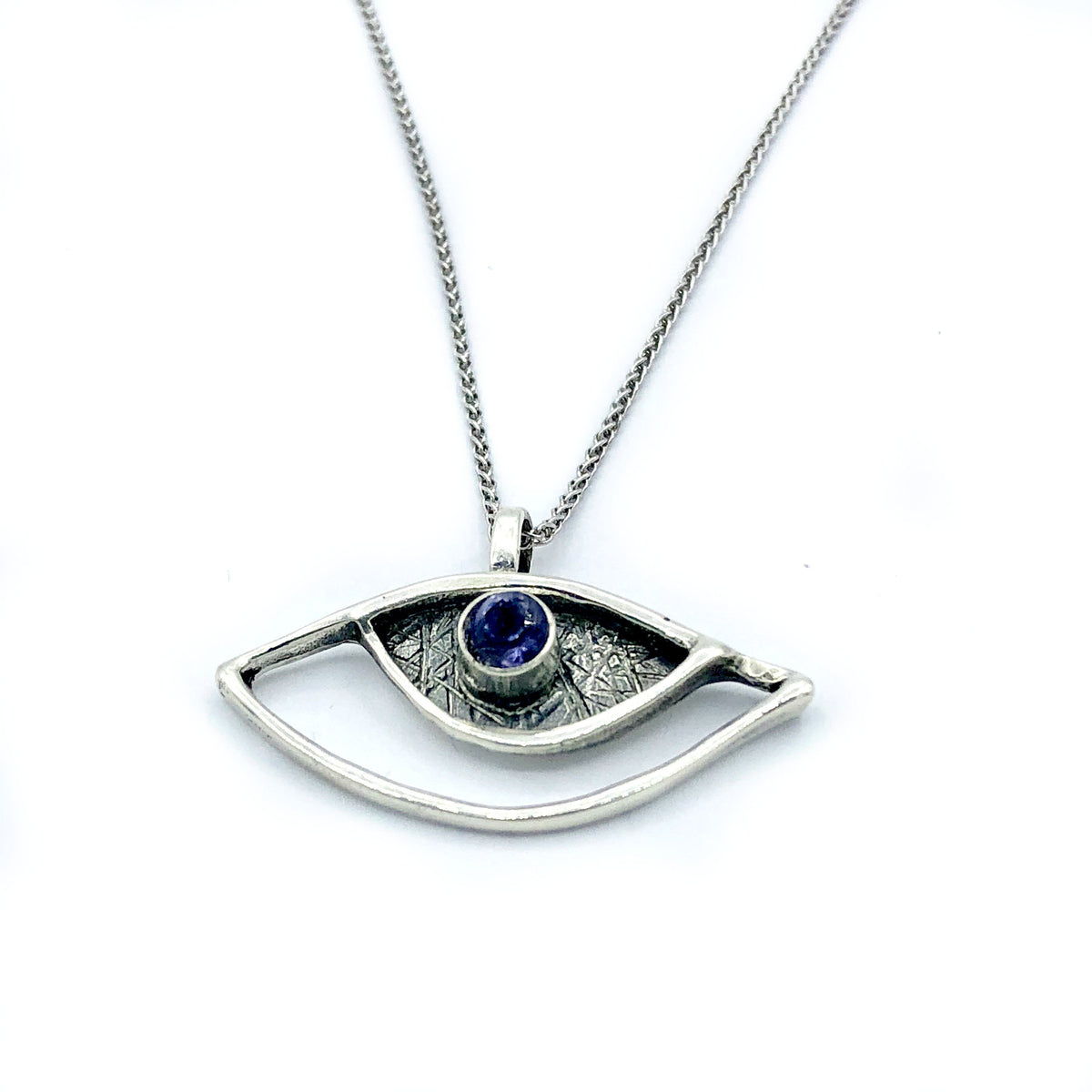 eye pendant, blue iolite pendant, silver eye pendant silver chain 