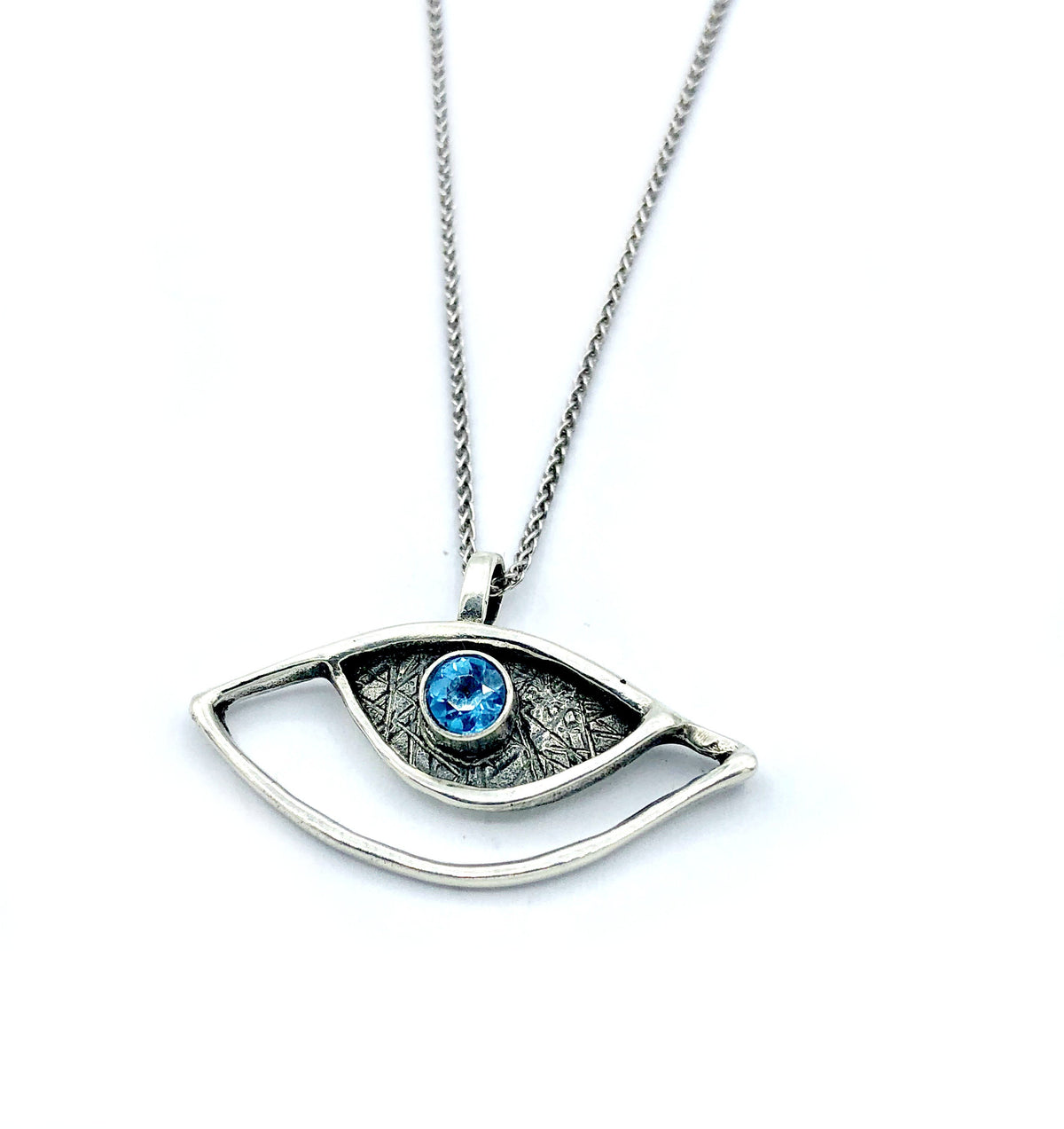 eye pendant, blue topaz pendant, silver eye pendant silver chain 