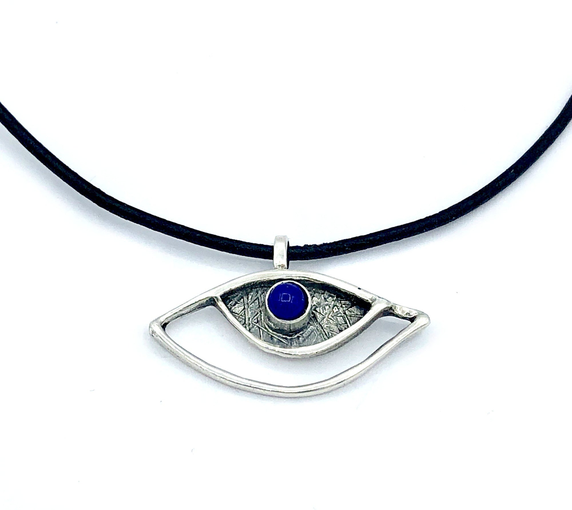 eye pendant, blue lapis pendant, silver eye pendant with leather cord evil eye jewelry 