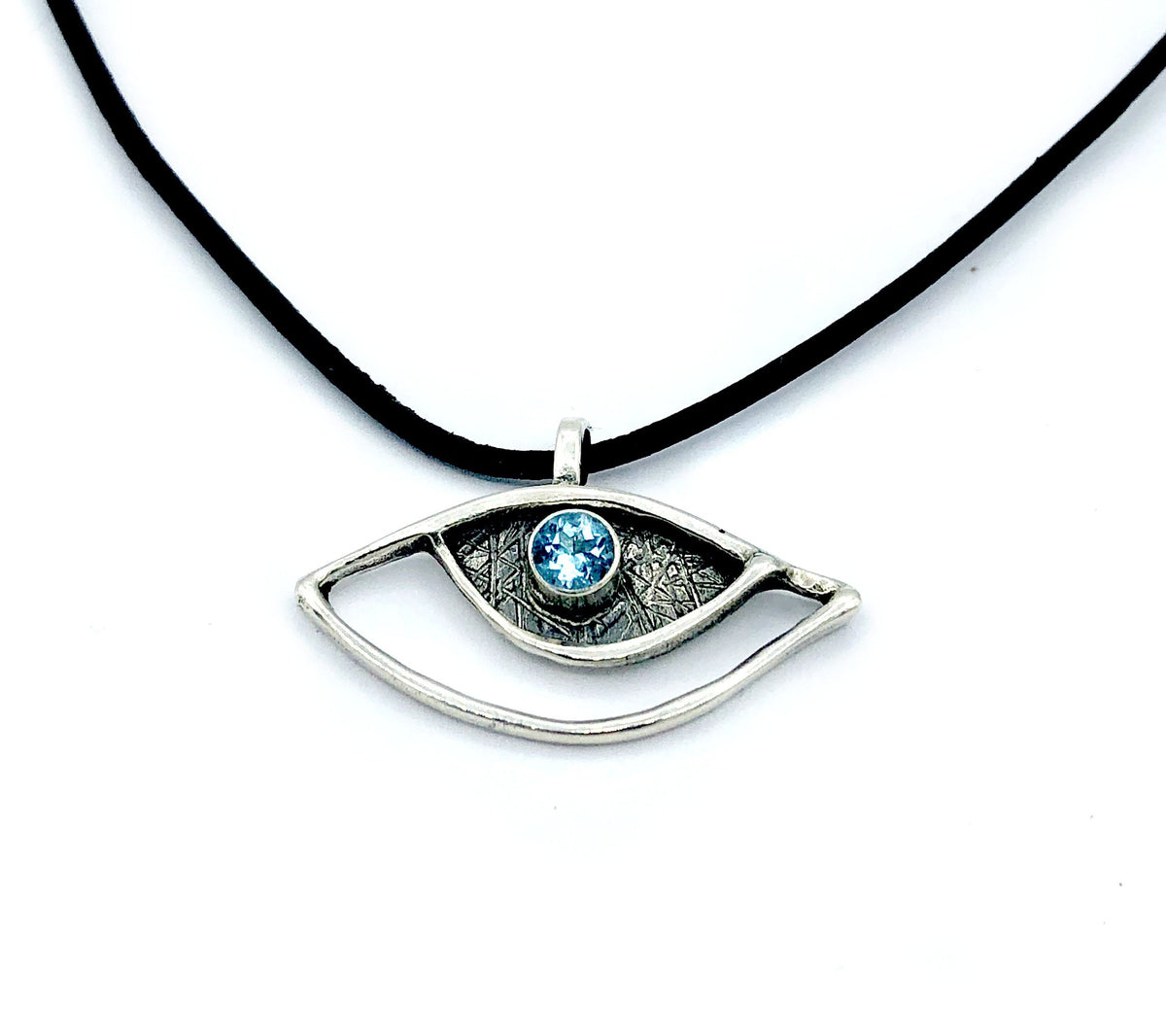 eye pendant, blue topaz pendant, silver eye pendant with leather cord evil eye jewelry 