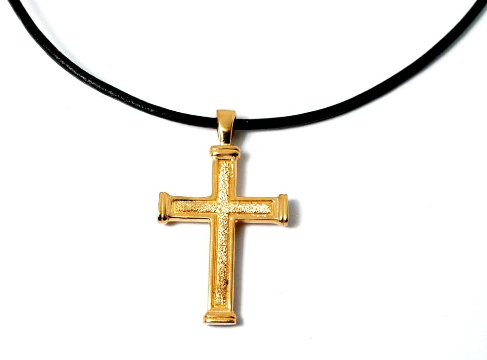 Men&#39;s gold cross necklace with leather cord 