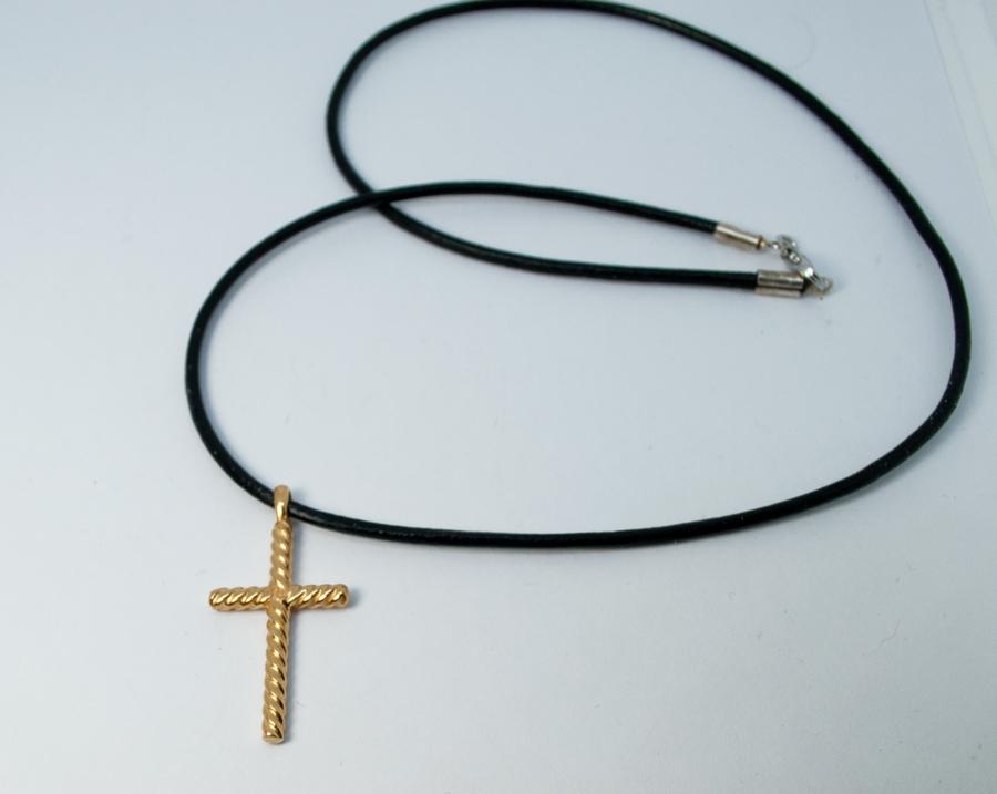Gold rope silver cross necklace with leather cord,rope silver cross, gold plated silver cross pendant 