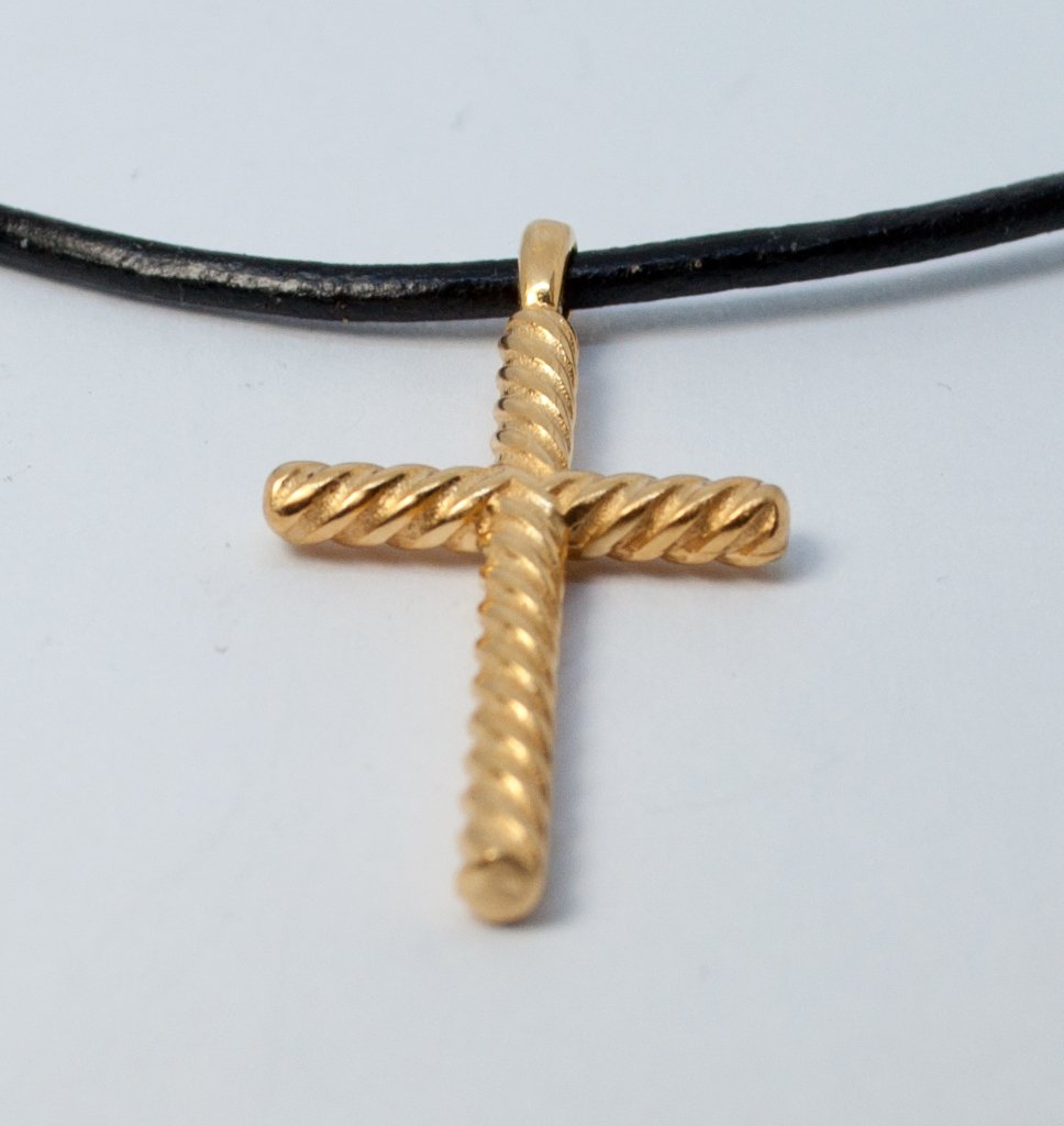 Gold rope silver cross necklace with leather cord,rope silver cross, gold plated silver cross pendant 