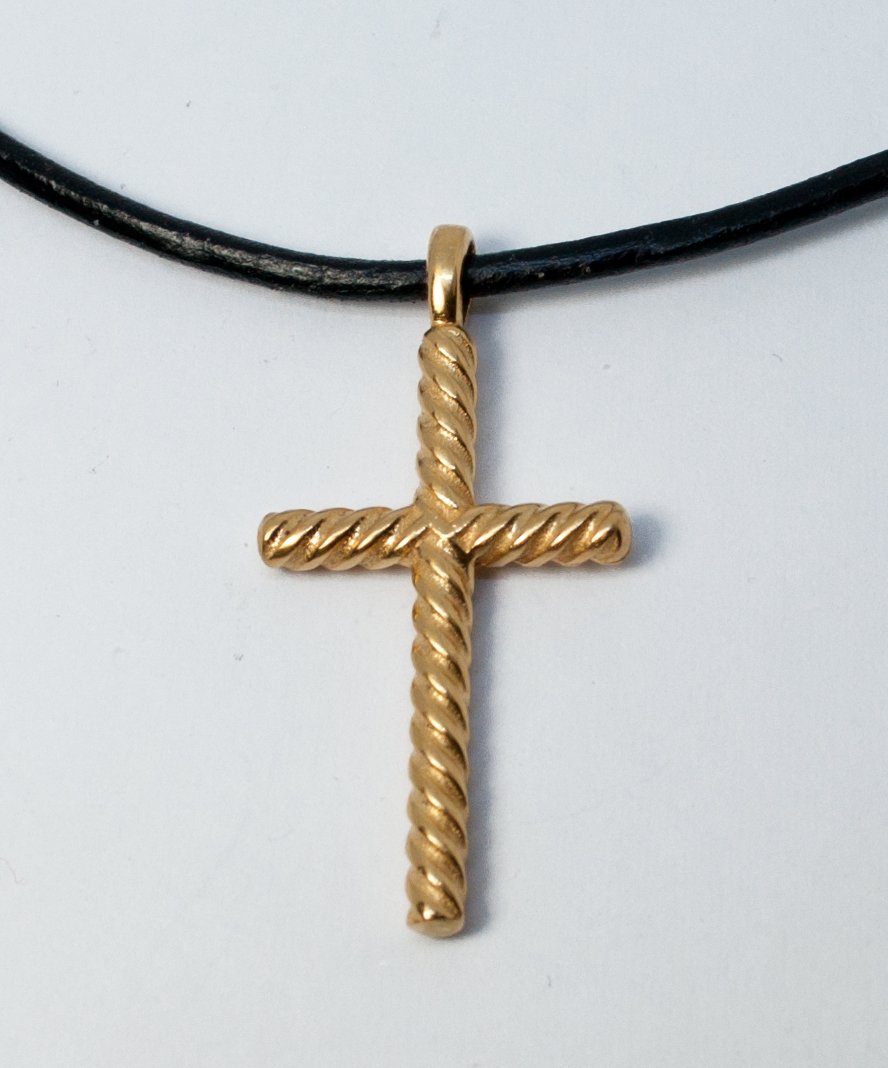 Gold rope silver cross necklace with leather cord,rope silver cross, gold plated silver cross pendant 