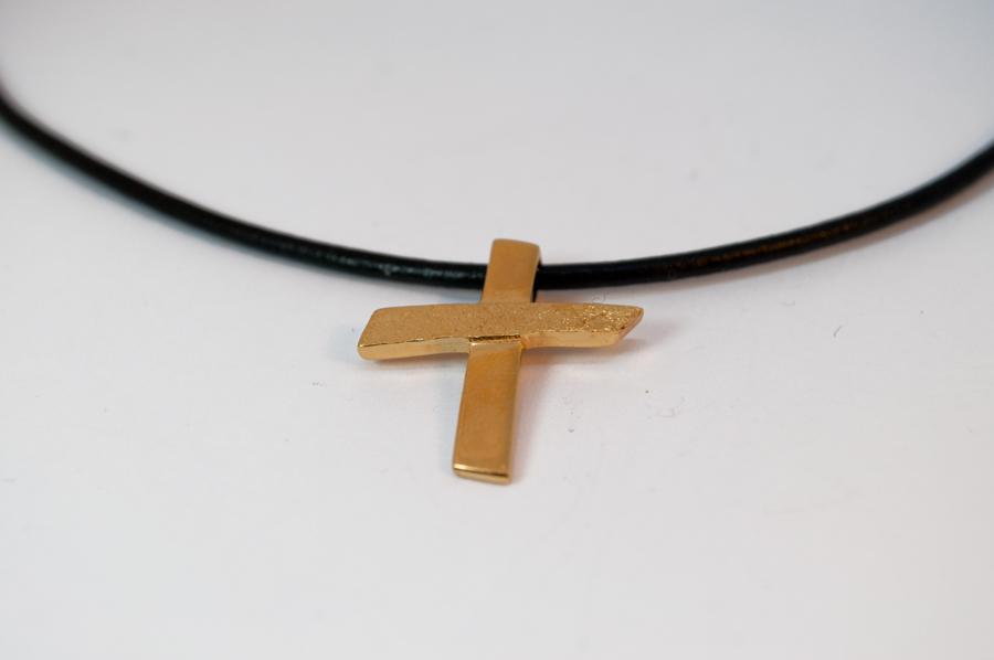 Gold plated Silver cross necklace with leather rope, textured silver cross, silver cross pendant 