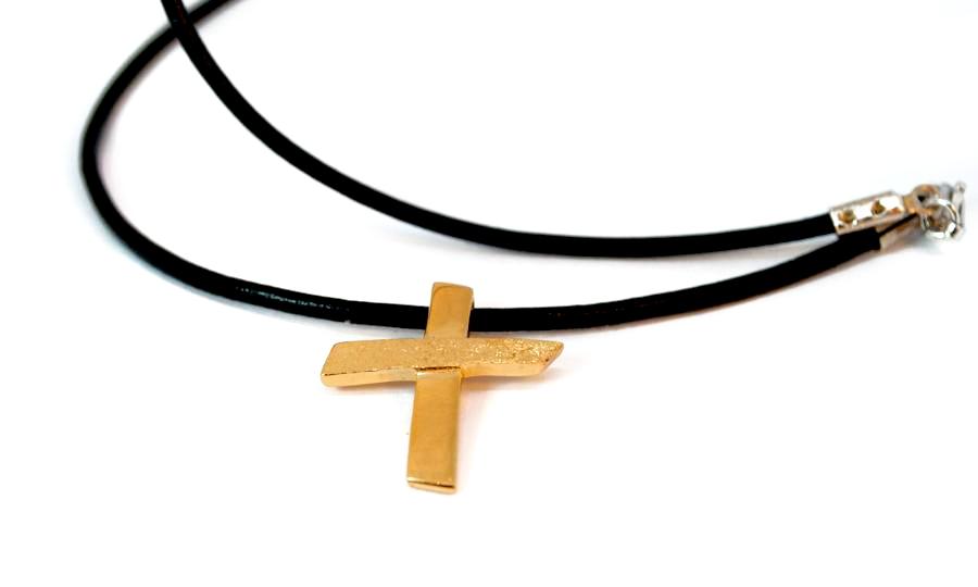 Gold plated Silver cross necklace with leather rope, textured silver cross, silver cross pendant 