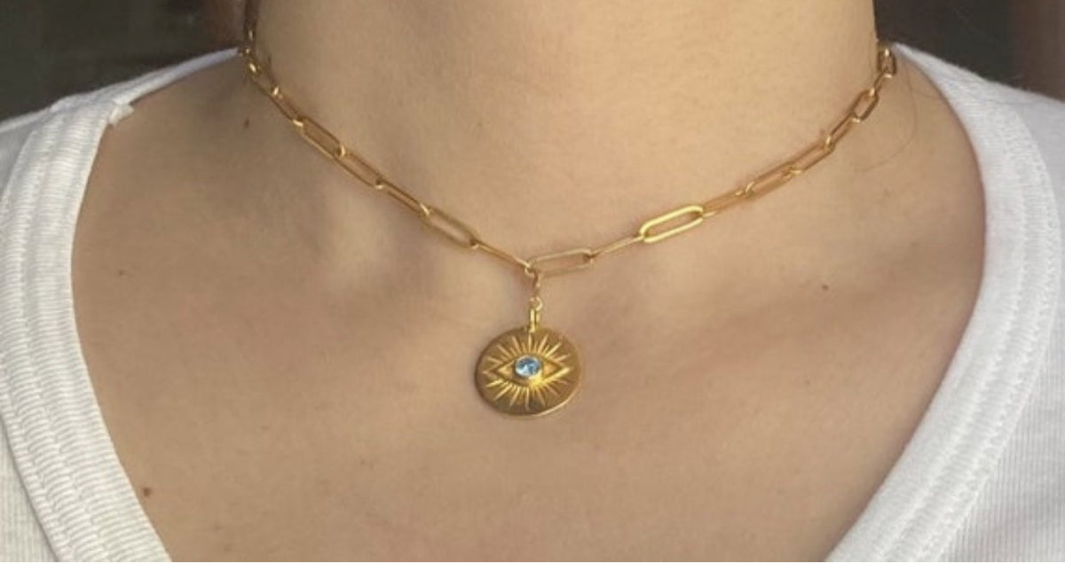 Evil eye necklace gold with stainless steel paperclip chain