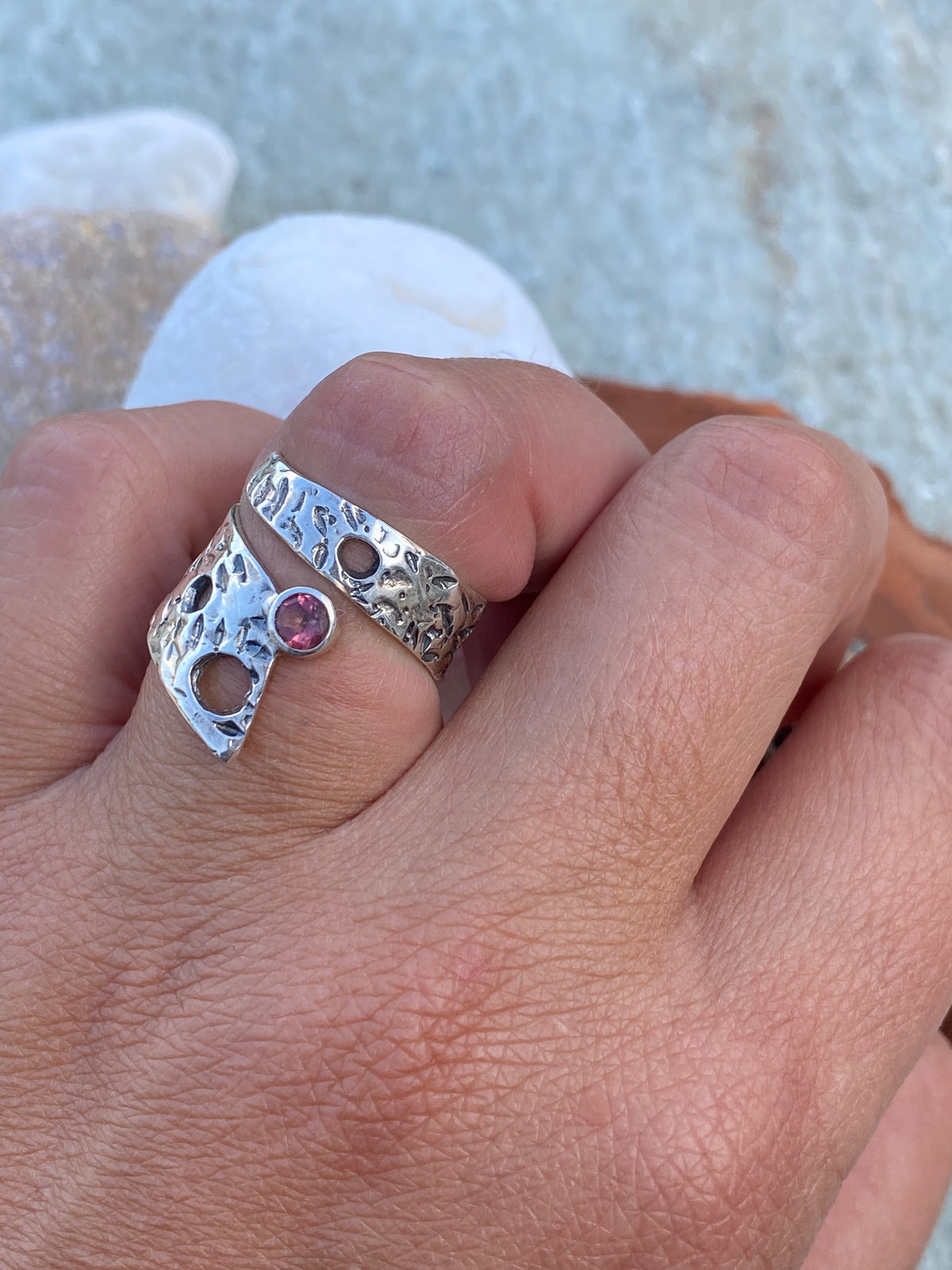 wide silver ring adjustable pink tourmaline