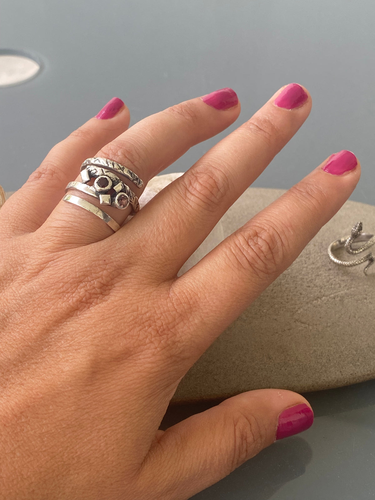 Silver spiral ring adjustable red garnet and pink tourmaline