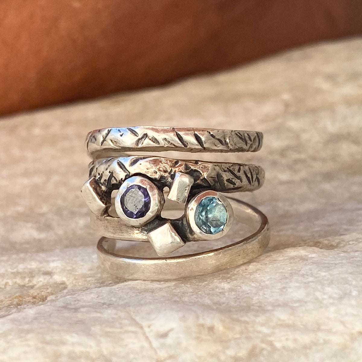 Silver spiral ring with blue gemstones, silver spring ring