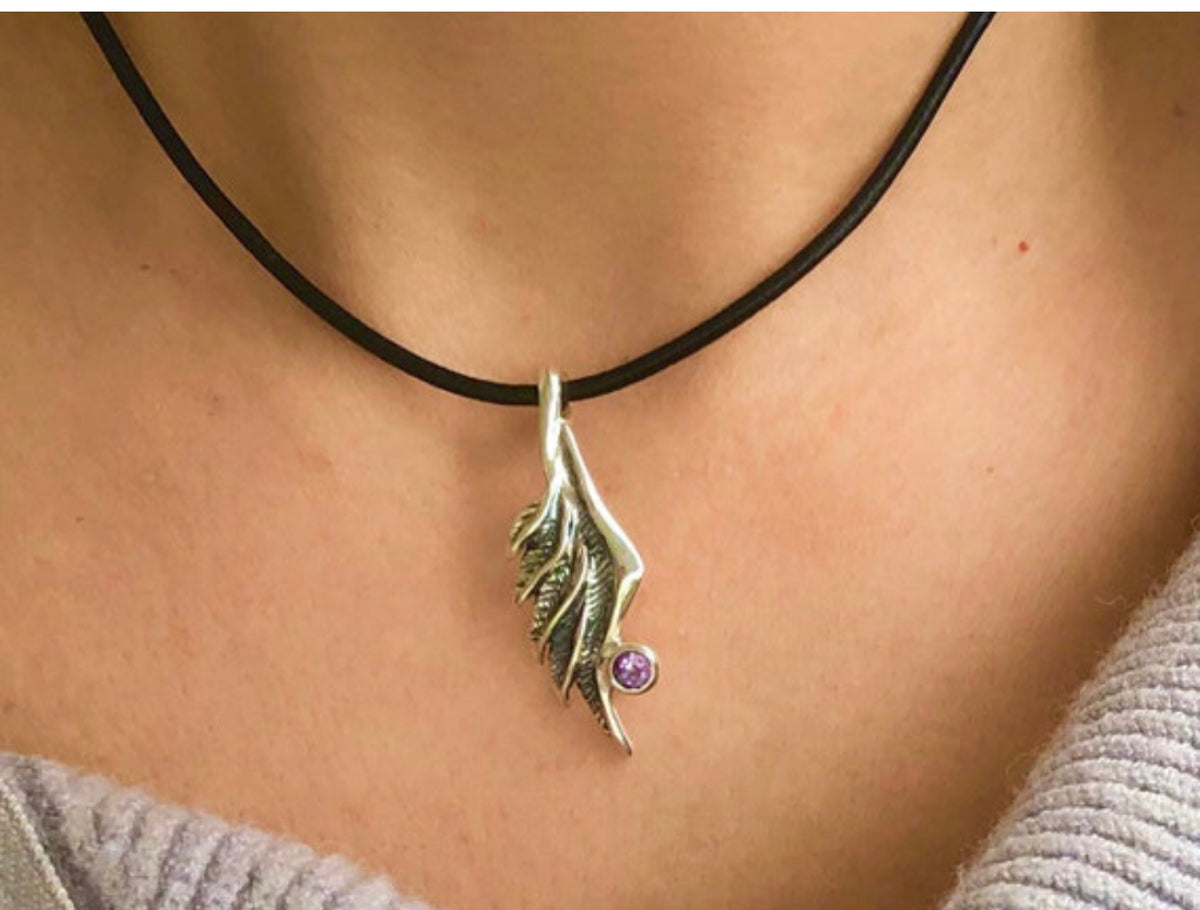 angel wing necklace with amethyst gemstone