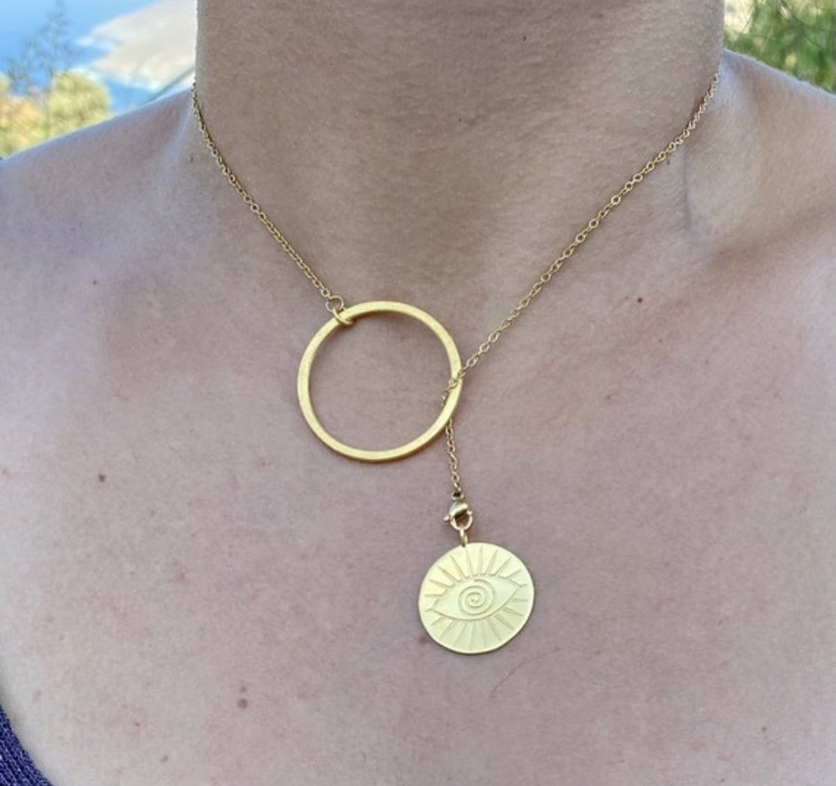 Circle lariat necklace gold greek evil eye