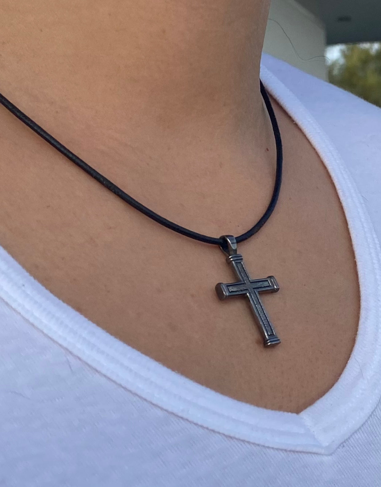 Men's Cross Necklace with Leather Rope, Black Silver Cross Pendant