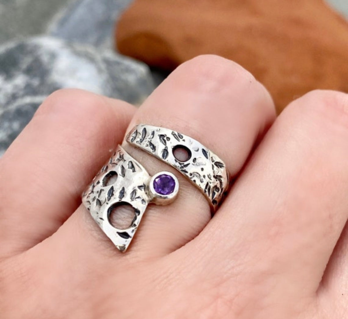 wide silver ring amethyst ring