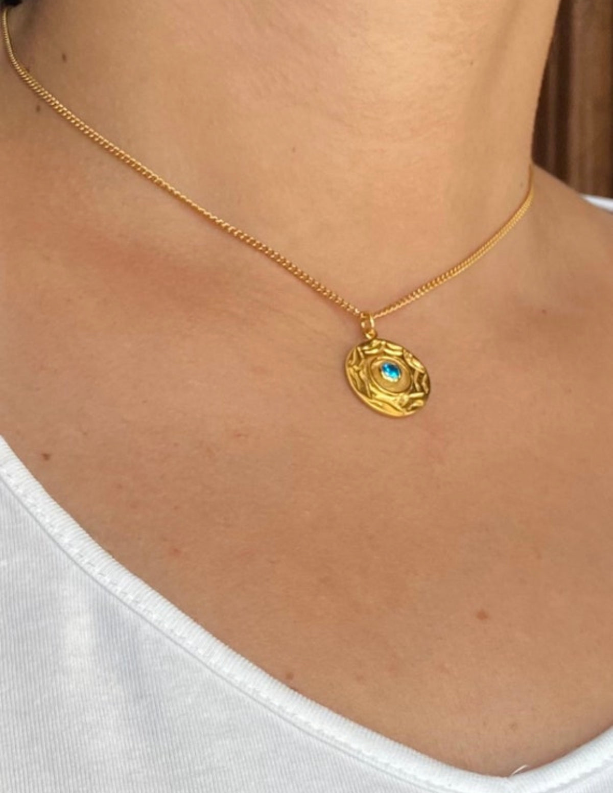 Evil eye necklace gold coin with blue gemstone