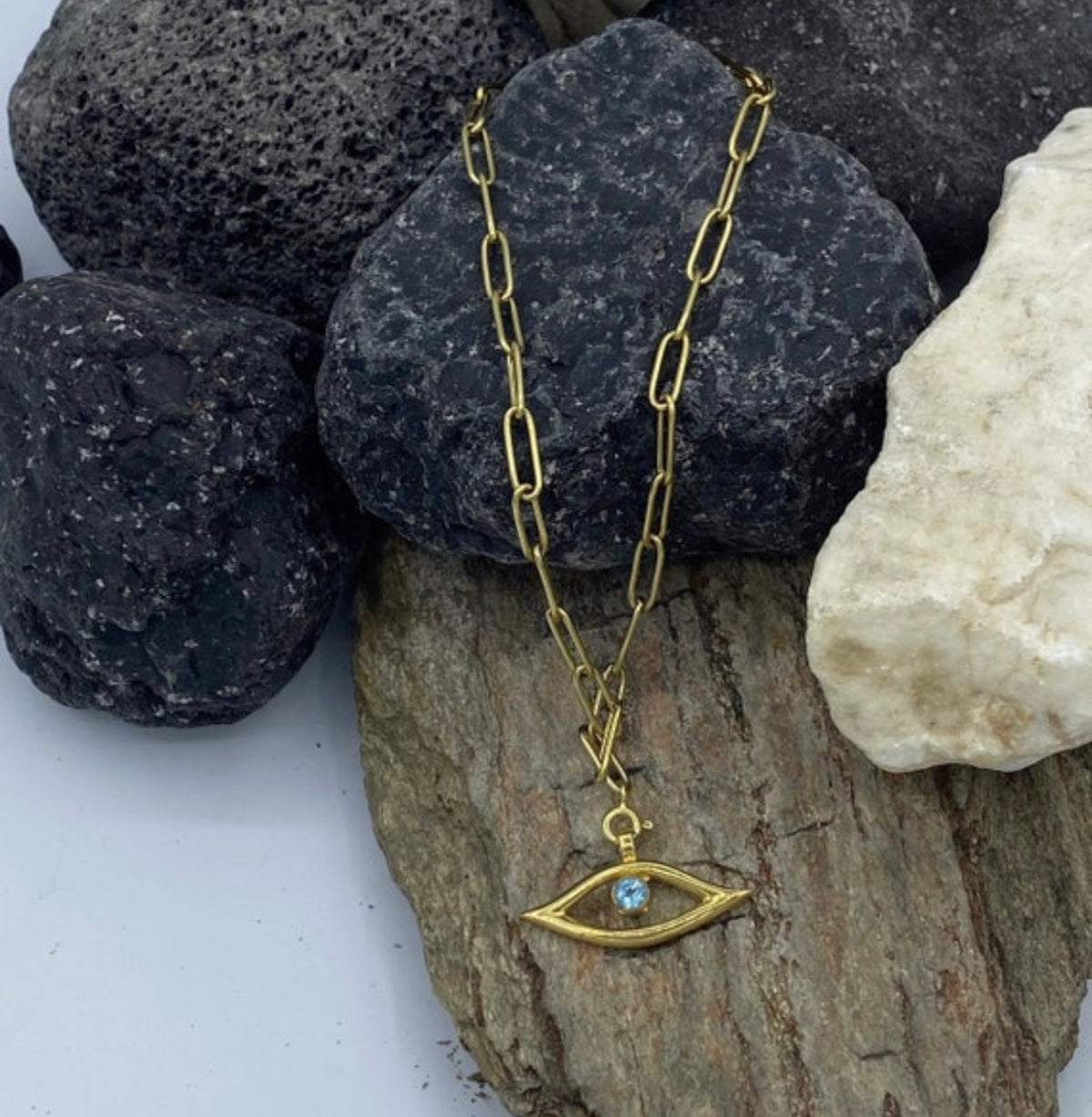 Evil eye necklace gold paperclip stainless steel chain